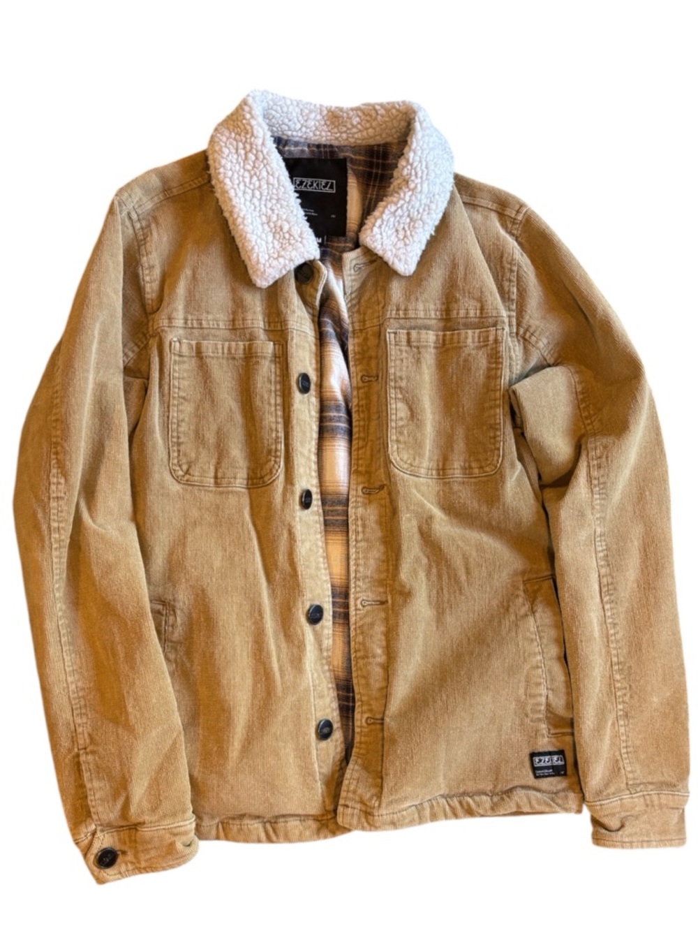 Ezekiel Men’s Sherpa Lined Corduroy Trucker Jacket Tan Plaid Medium